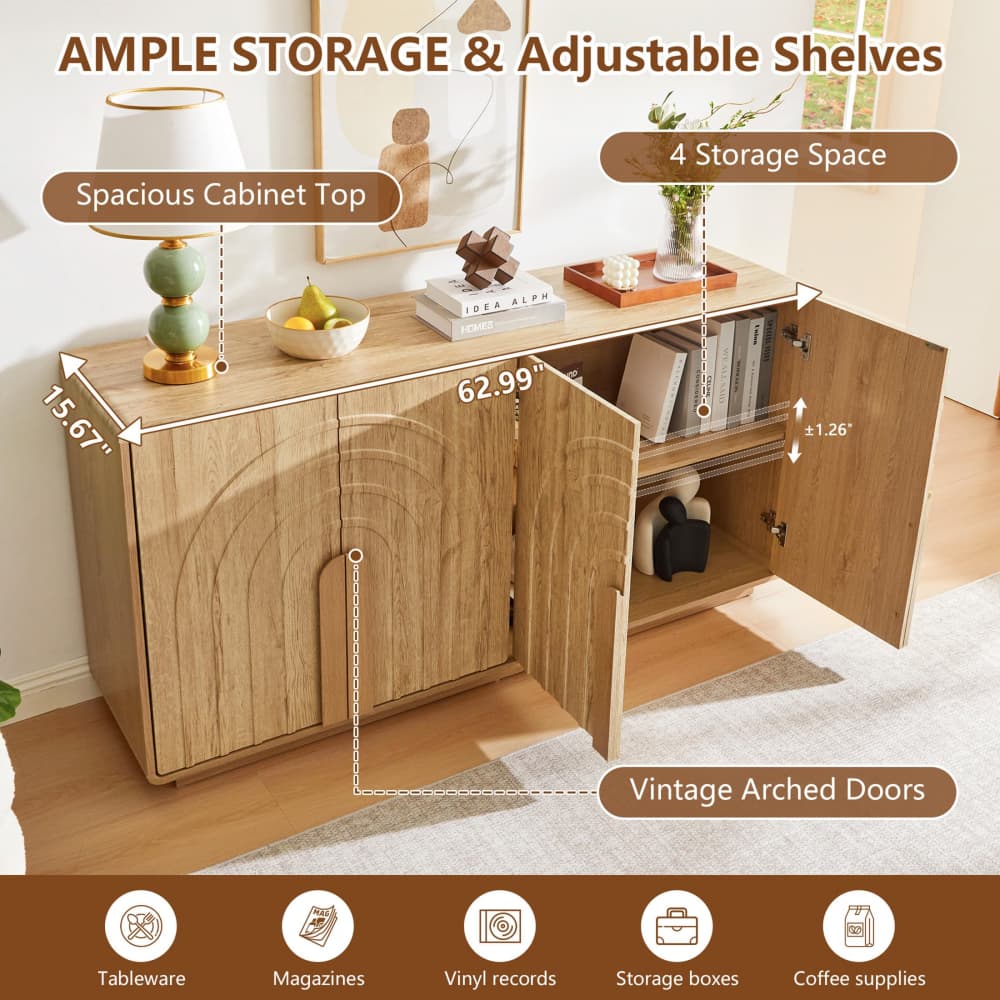 Natural Modern 4 Door Storage Cabinet Sideboard with Arched Fluted Door Design