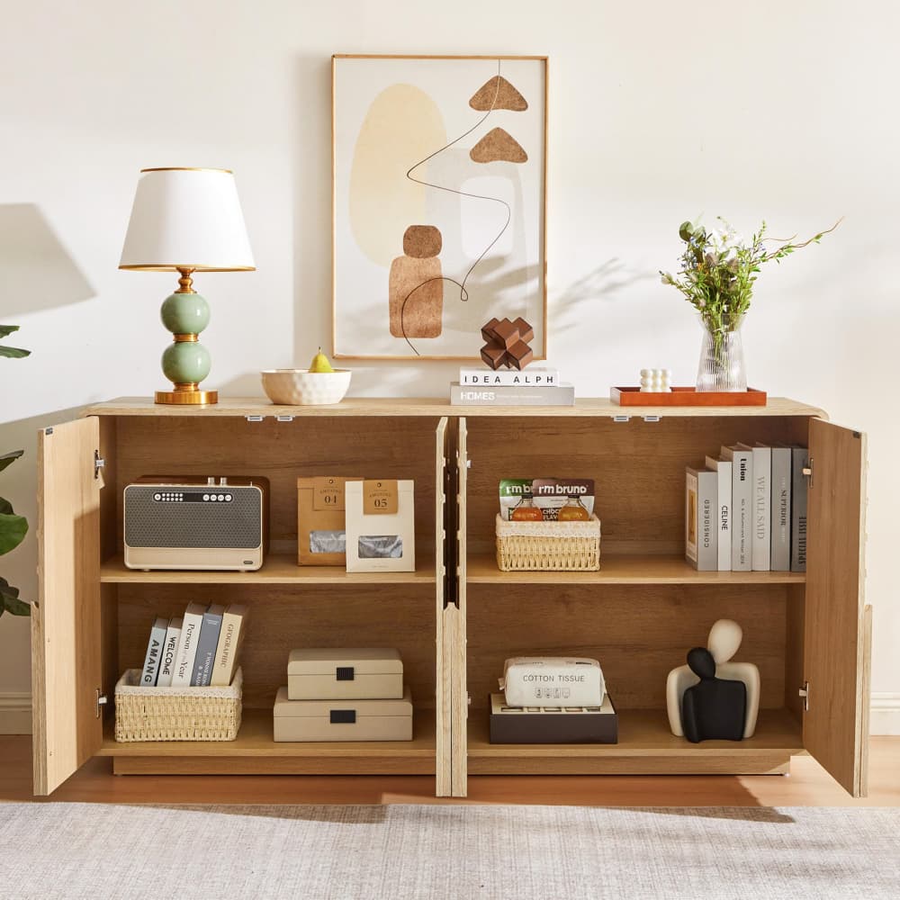 Natural Modern 4 Door Storage Cabinet Sideboard with Arched Fluted Door Design