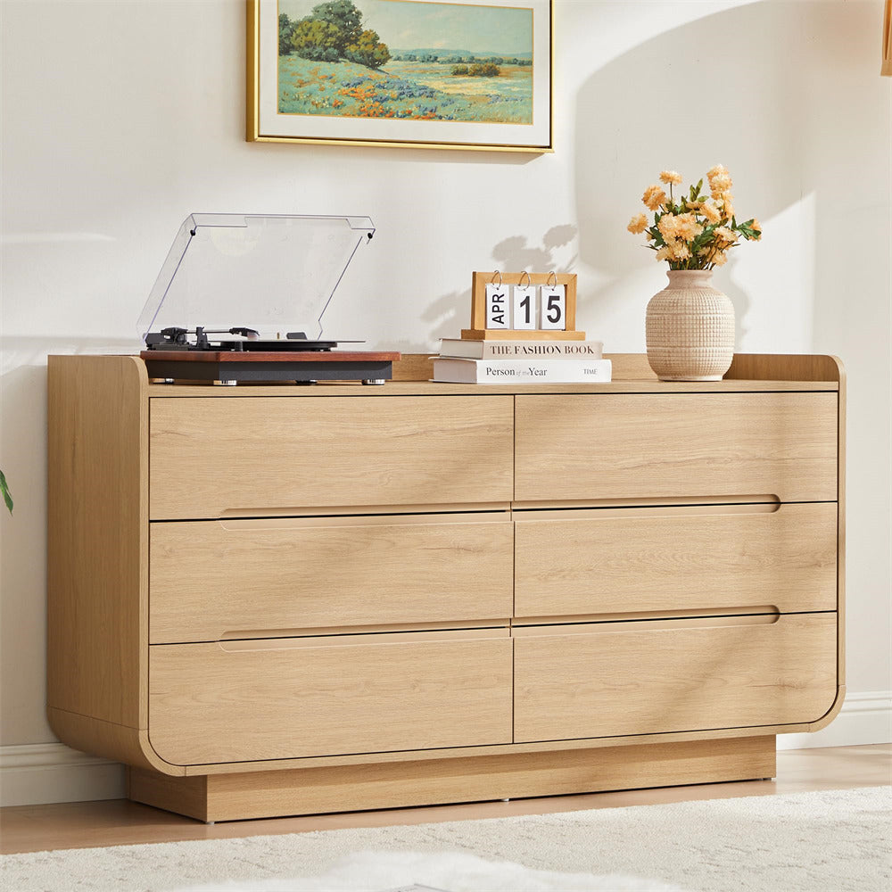 Natural Modern 53-Inch Curved 6 Drawer Dresser Wood Storage Cabinet with Hidden Handles