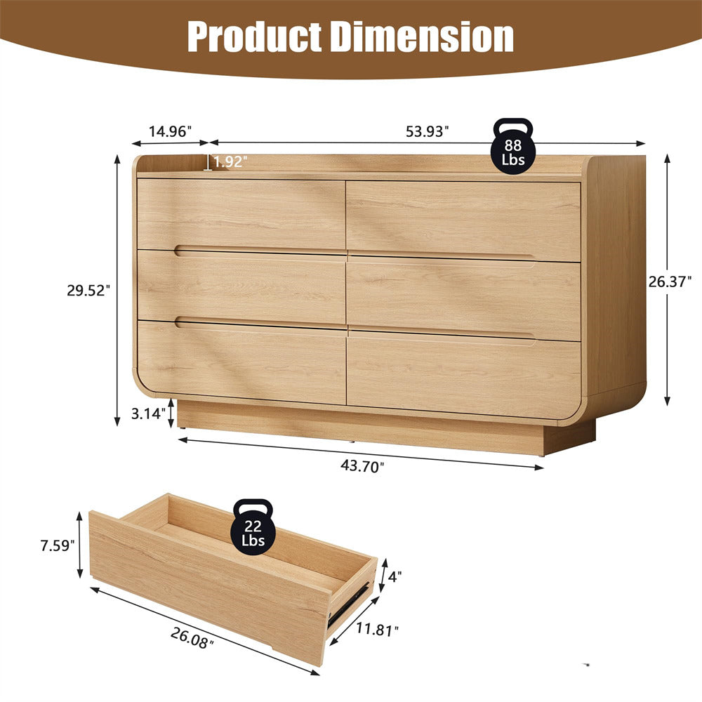 Wooden 6-drawer dresser with dimensions labeled on a white background