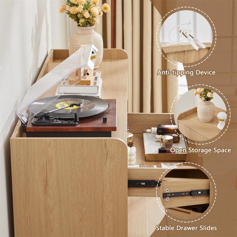 Wooden record player cabinet with anti-tipping device, open storage space, and stable drawer slides.
