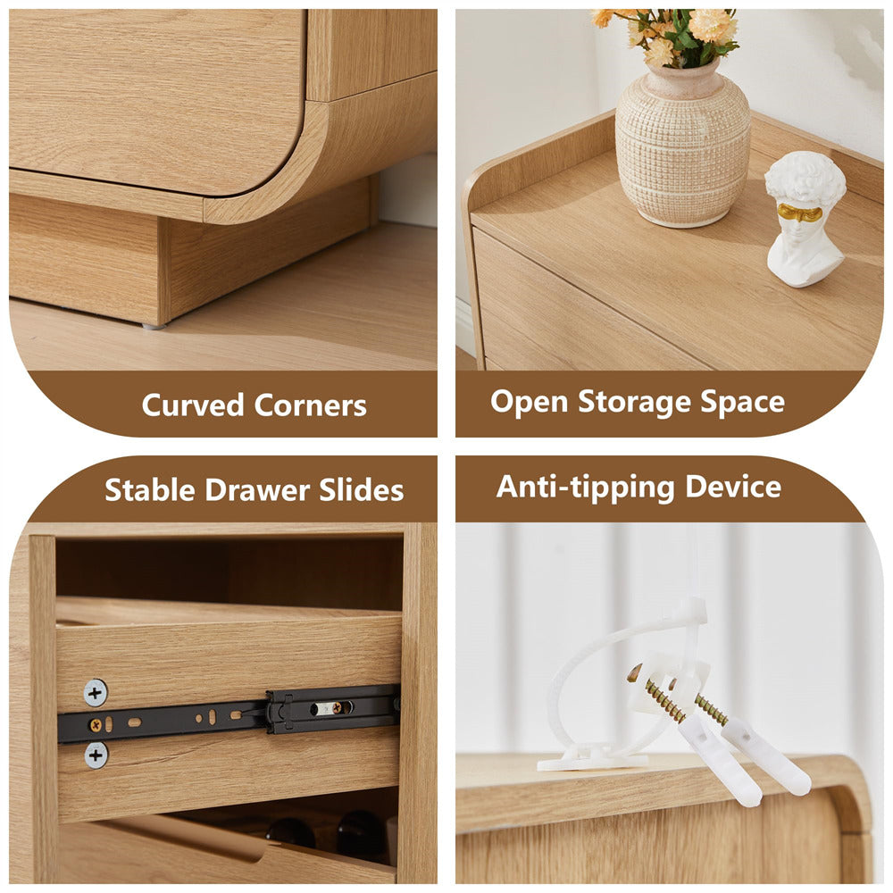 Wooden furniture with features highlighted: curved corners, open storage space, stable drawer slides, and anti-tipping device.