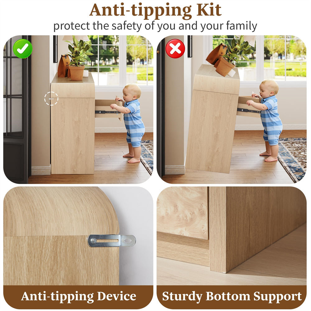 Anti-tipping kit for furniture with child safety demonstration and product details.