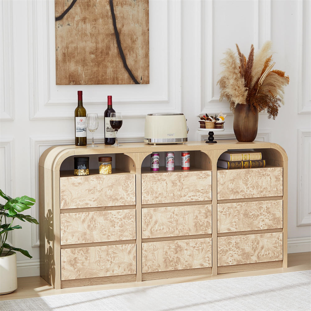 Natural Modern 9 Drawer Dresser Burl Wood Long Storage with Open Shelf