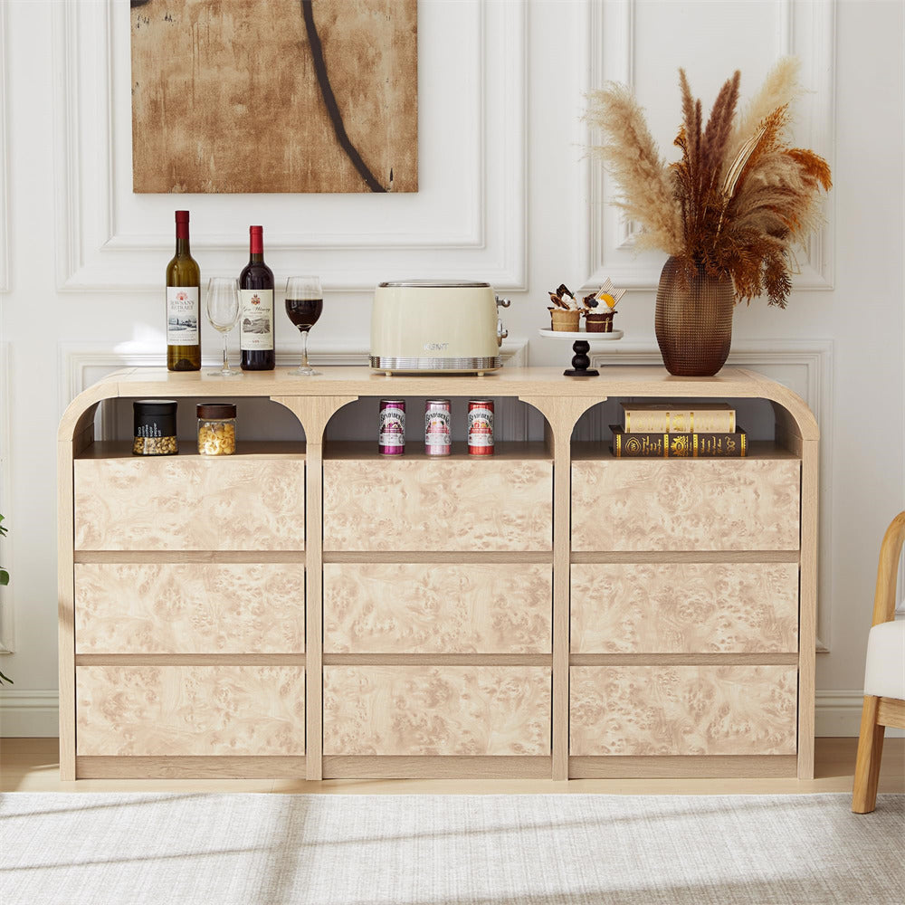 Natural Modern 9 Drawer Dresser Burl Wood Long Storage with Open Shelf