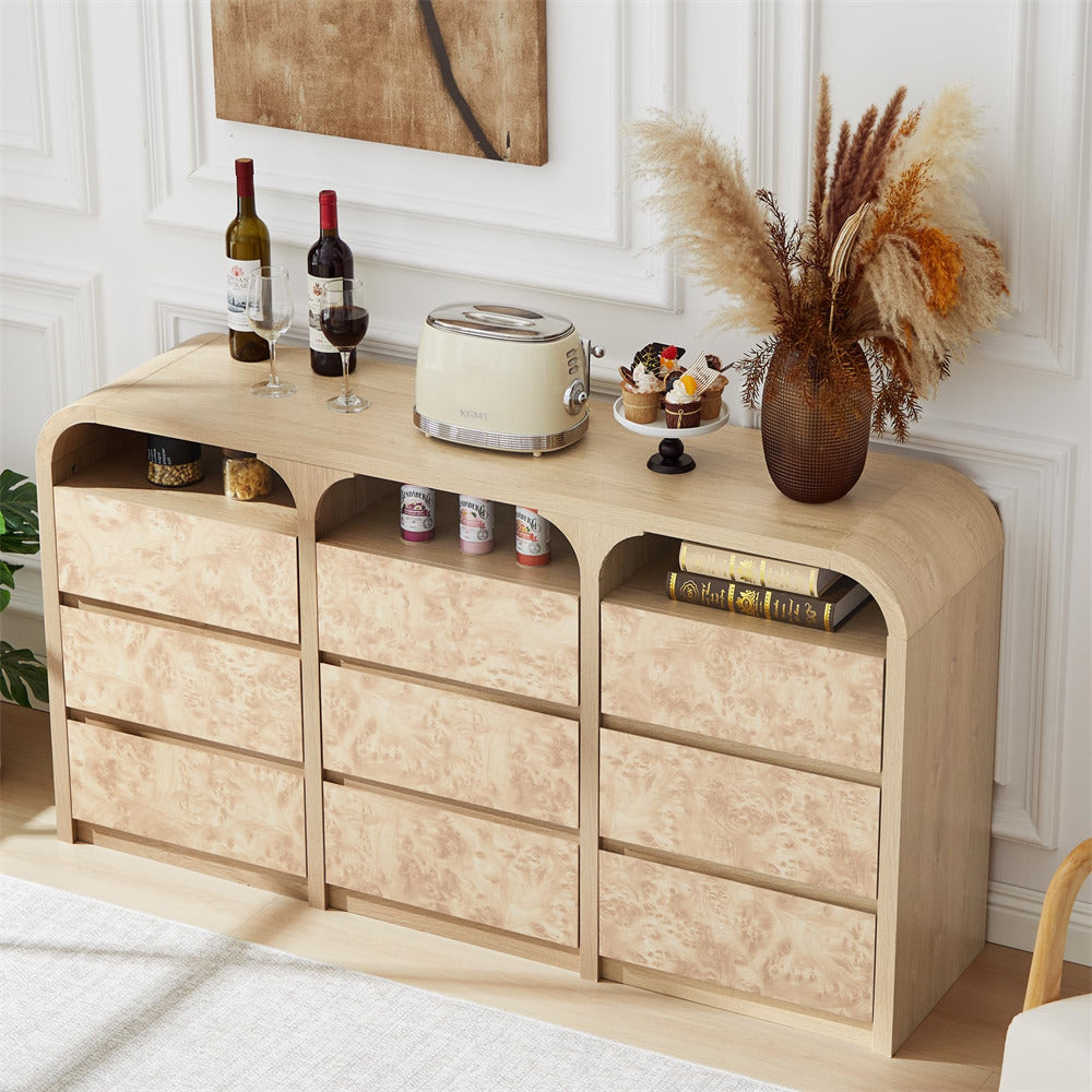 Natural Modern 9 Drawer Dresser Burl Wood Long Storage with Open Shelf