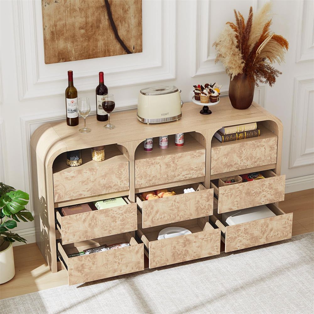 Beige storage cabinet with multiple drawers and compartments in a room setting.