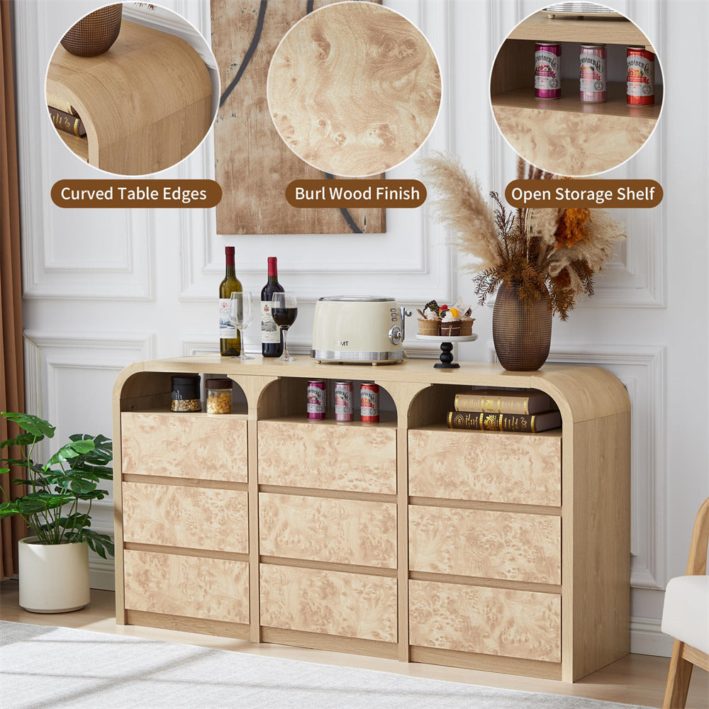 Wooden sideboard with curved table edges, burl wood finish, and open storage shelf in a room setting.