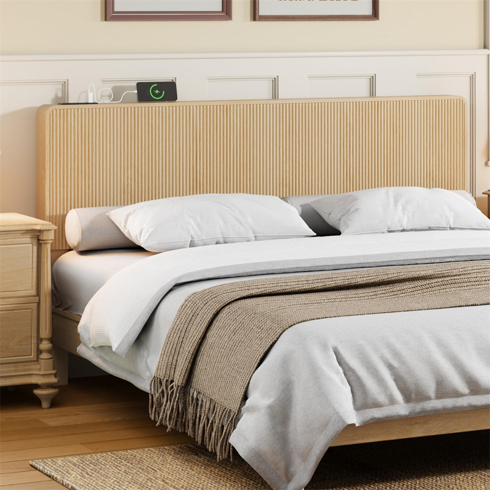 Natural Modern Boho Wood Fluted Wall Mounted Headboard Queen Size Only with 2 Outlets and USB & Type C Port
