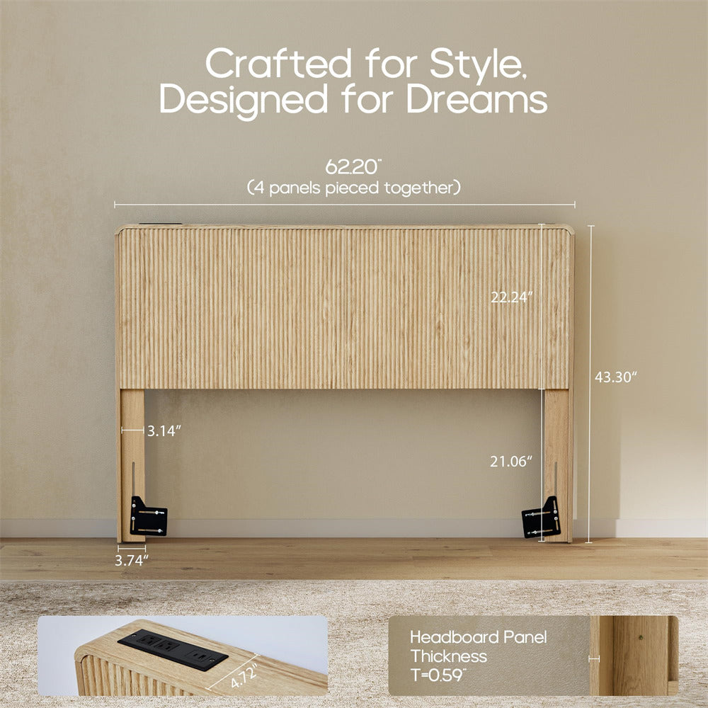 Natural Modern Boho Wood Fluted Wall Mounted Headboard Queen Size Only with 2 Outlets and USB & Type C Port