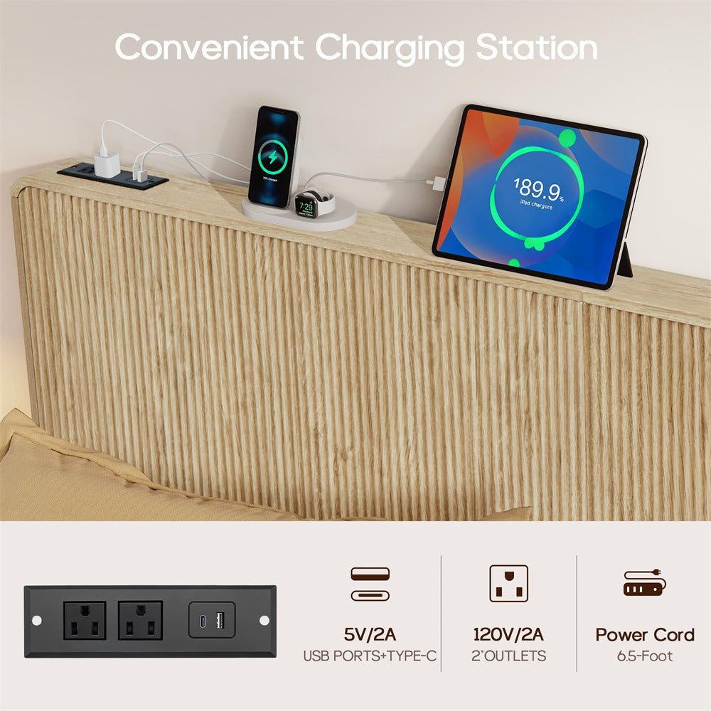 Charging station with tablet, phone, and watch on a wooden surface with text 'Convenient Charging Station'.