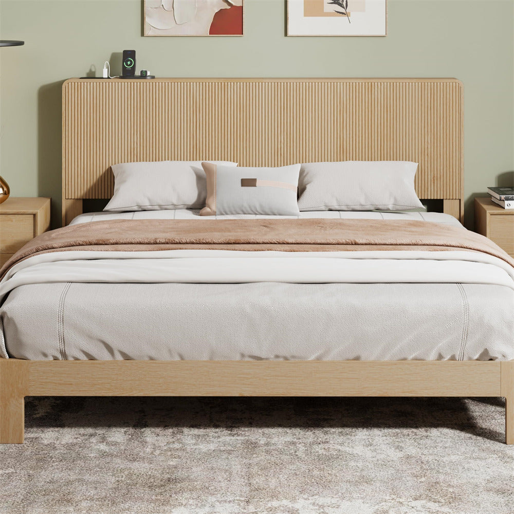Natural Modern Boho Wood Fluted Wall Mounted Headboard Queen Size Only with 2 Outlets and USB & Type C Port