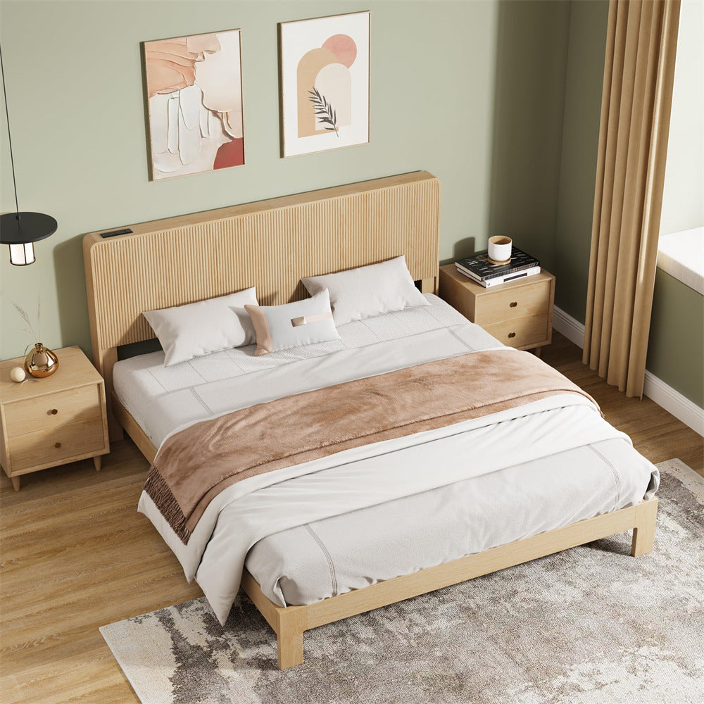 Natural Modern Boho Wood Fluted Wall Mounted Headboard Queen Size Only with 2 Outlets and USB & Type C Port