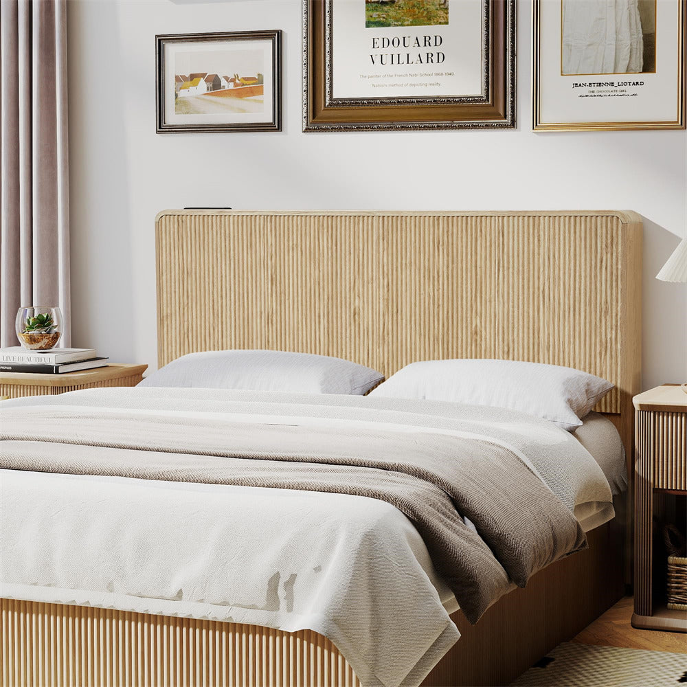Natural Modern Boho Wood Fluted Wall Mounted Headboard Queen Size Only with 2 Outlets and USB & Type C Port