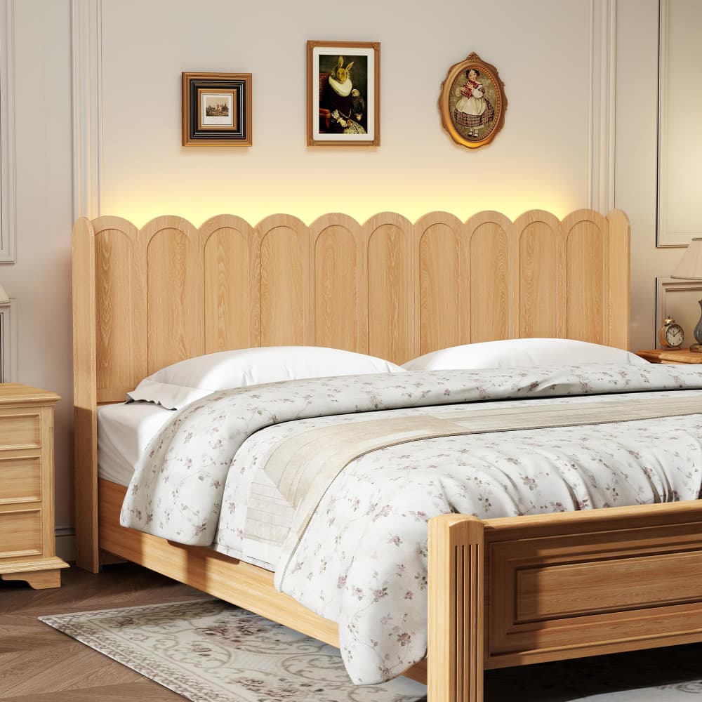 Natural Modern Boho Wood Scalloped Bed Headboard King Size Only with Adjustable LED