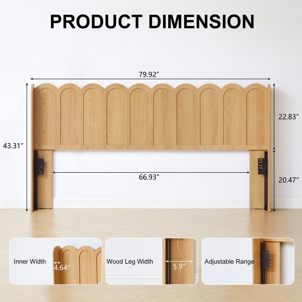 Product dimension diagram of a light natural wood headboard with black metal legs, showing measurements in inches with a white wall and light wood floor background.