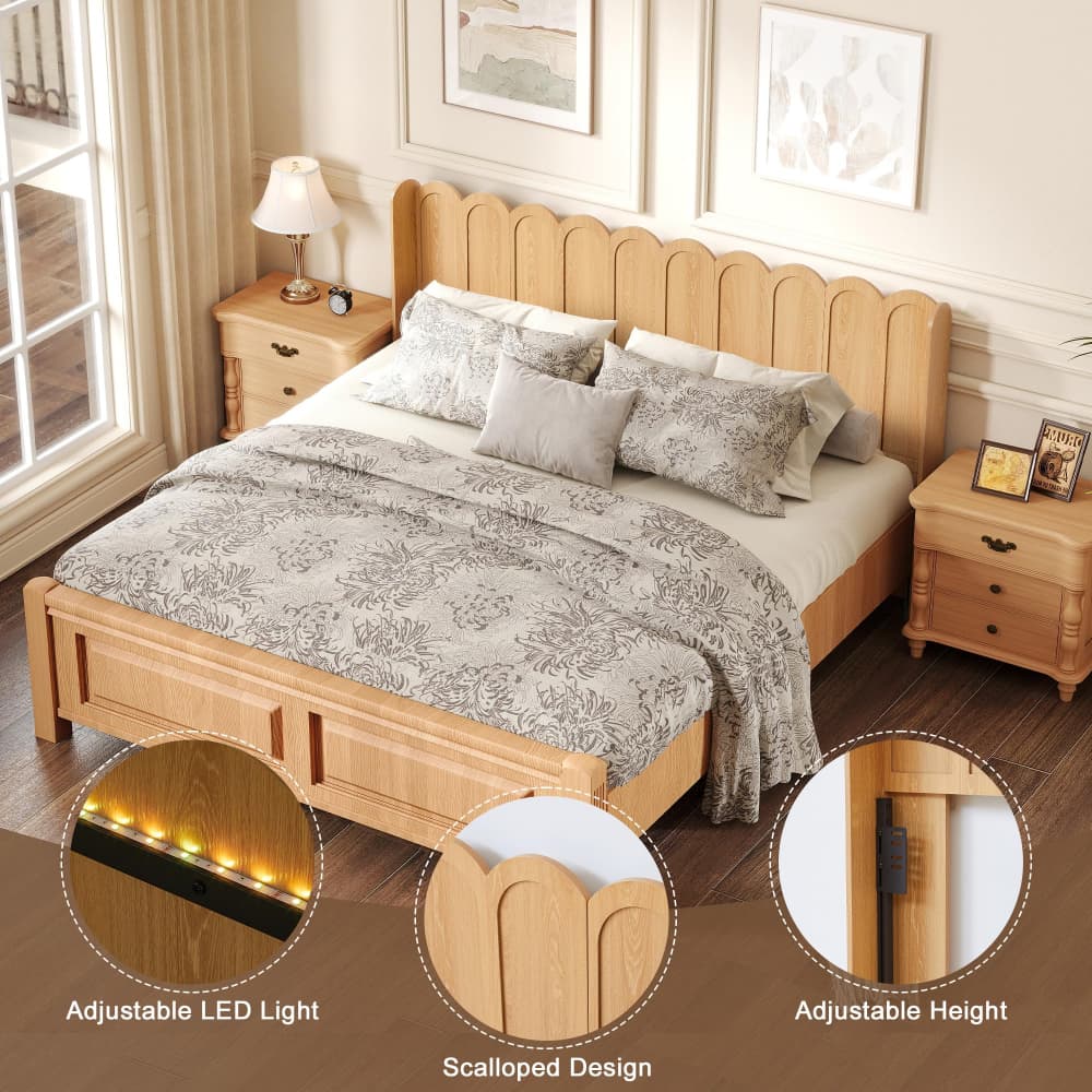 Natural Modern Boho Wood Scalloped Bed Headboard King Size Only with Adjustable LED