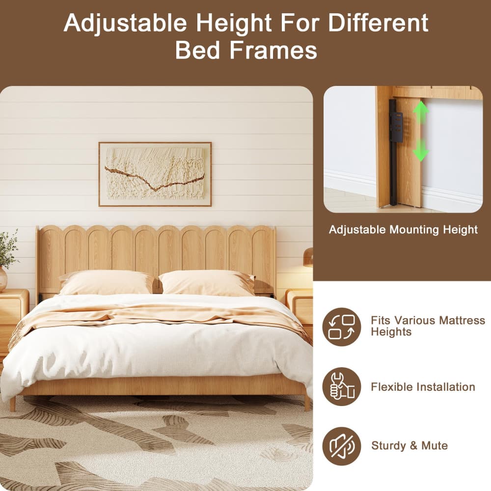Natural Modern Boho Wood Scalloped Bed Headboard King Size Only with Adjustable LED