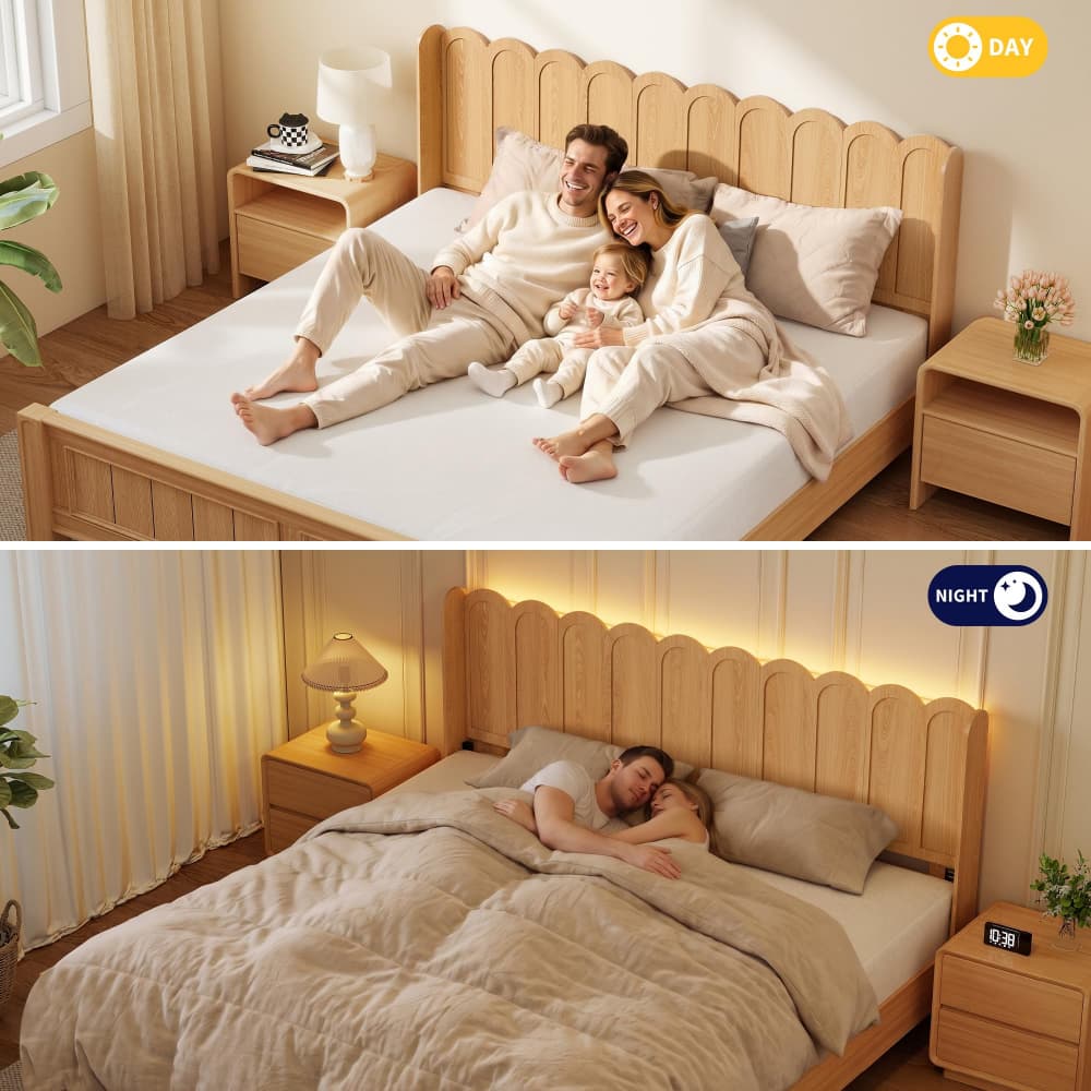 A split comparison showing a wooden bed in a bedroom at day and night. The top half is labeled DAY and shows a man, woman, and child sitting on the mattress, which is supported by a spring-loaded headboard.