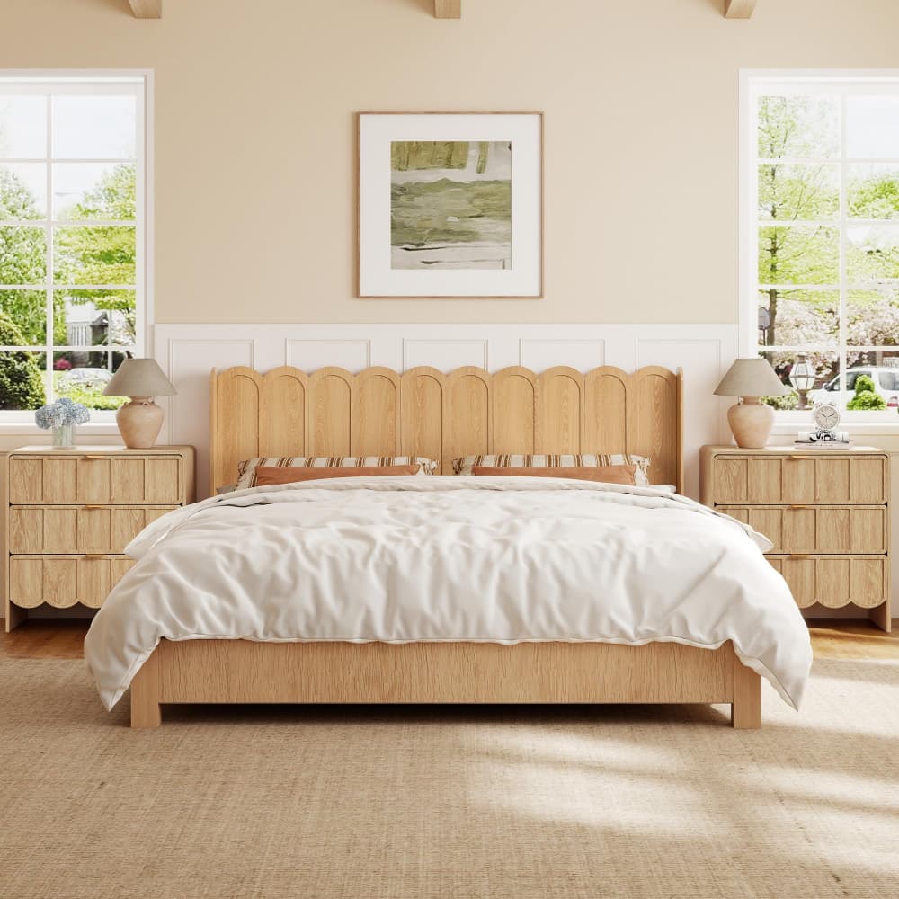 Natural Modern Boho Wood Scalloped Bed Headboard King Size Only with Adjustable LED