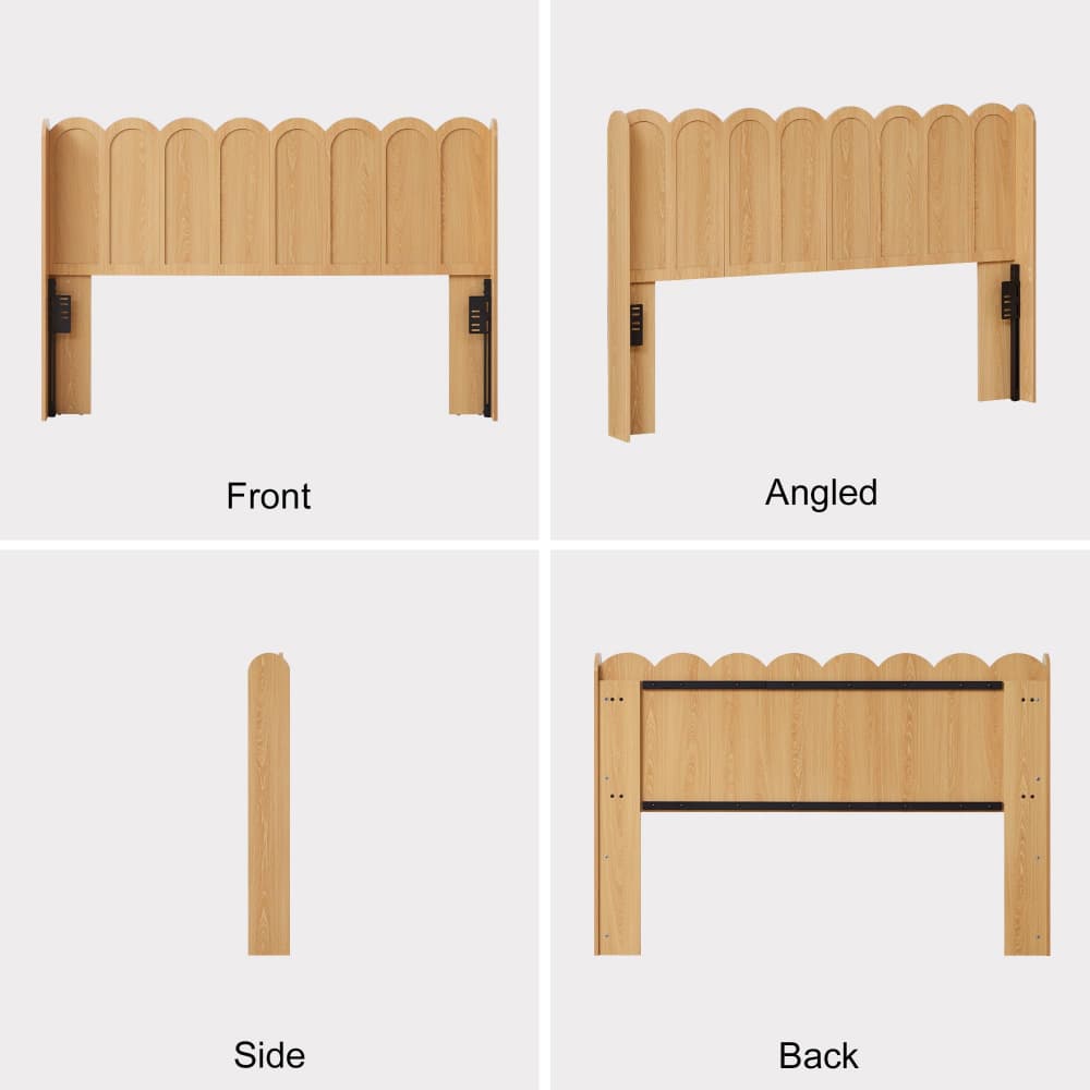 A four-panel product diagram showing a light natural wood headboard from multiple angles: Front, Angled, Side, and Back, on a light gray background.