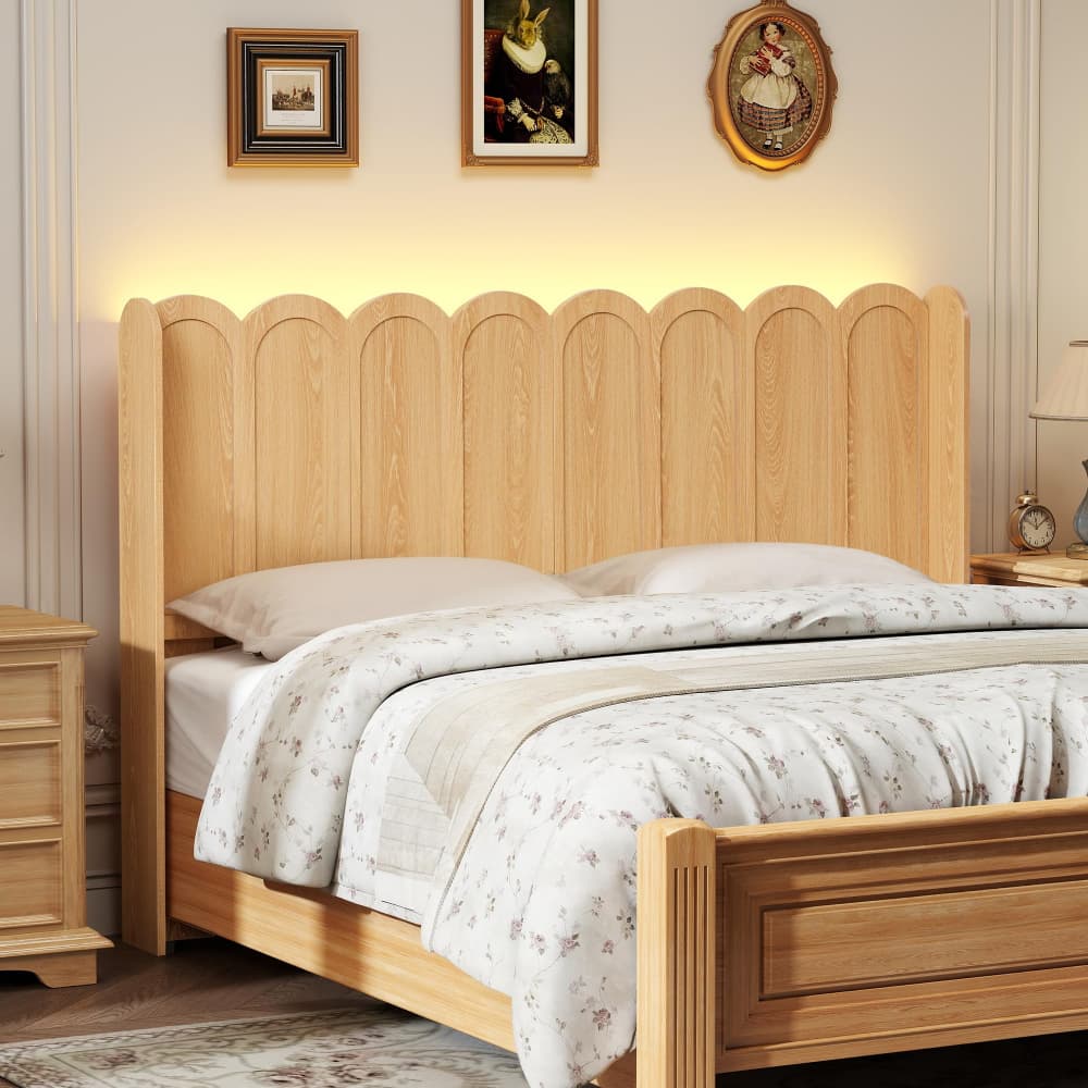 Natural Modern Boho Wood Scalloped Bed Headboard Queen Size Only with Adjustable LED