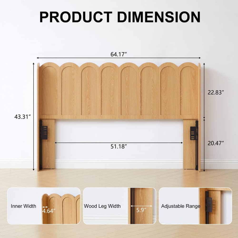 Product dimension diagram of a light wood headboard with black metal legs, showing measurements in inches with text labels and three detail inset images at the bottom.