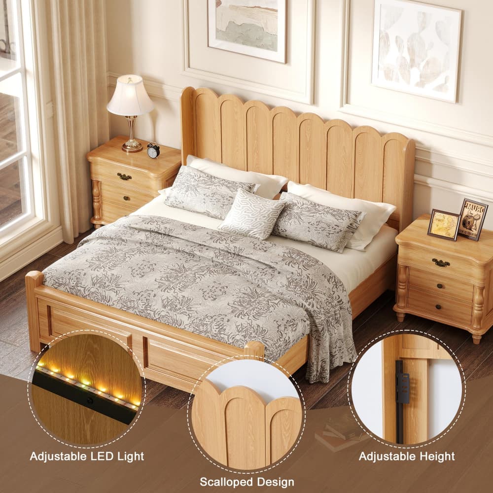 A light natural wood bed frame with a scalloped headboard and footboard, styled with a gray floral-patterned duvet and pillows in a bedroom. Two matching nightstands, wall art, and a lamp are visible, plus two circular inset callouts highlighting adjustable LED lighting and the adjustable height of the frame.