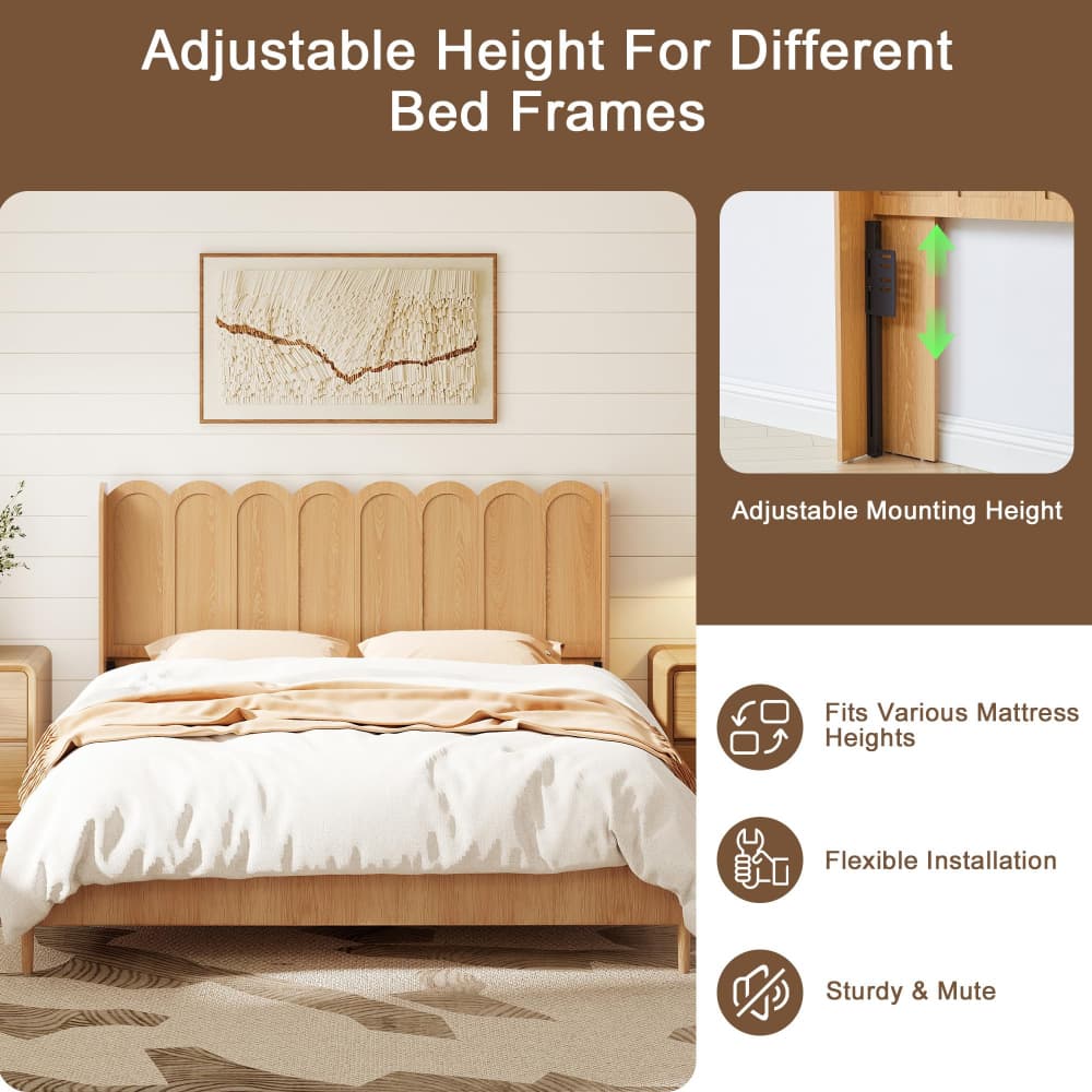 A wooden bed frame with an adjustable headboard shown in a bedroom setting, with text and inset graphics explaining height adjustability and mounting features.