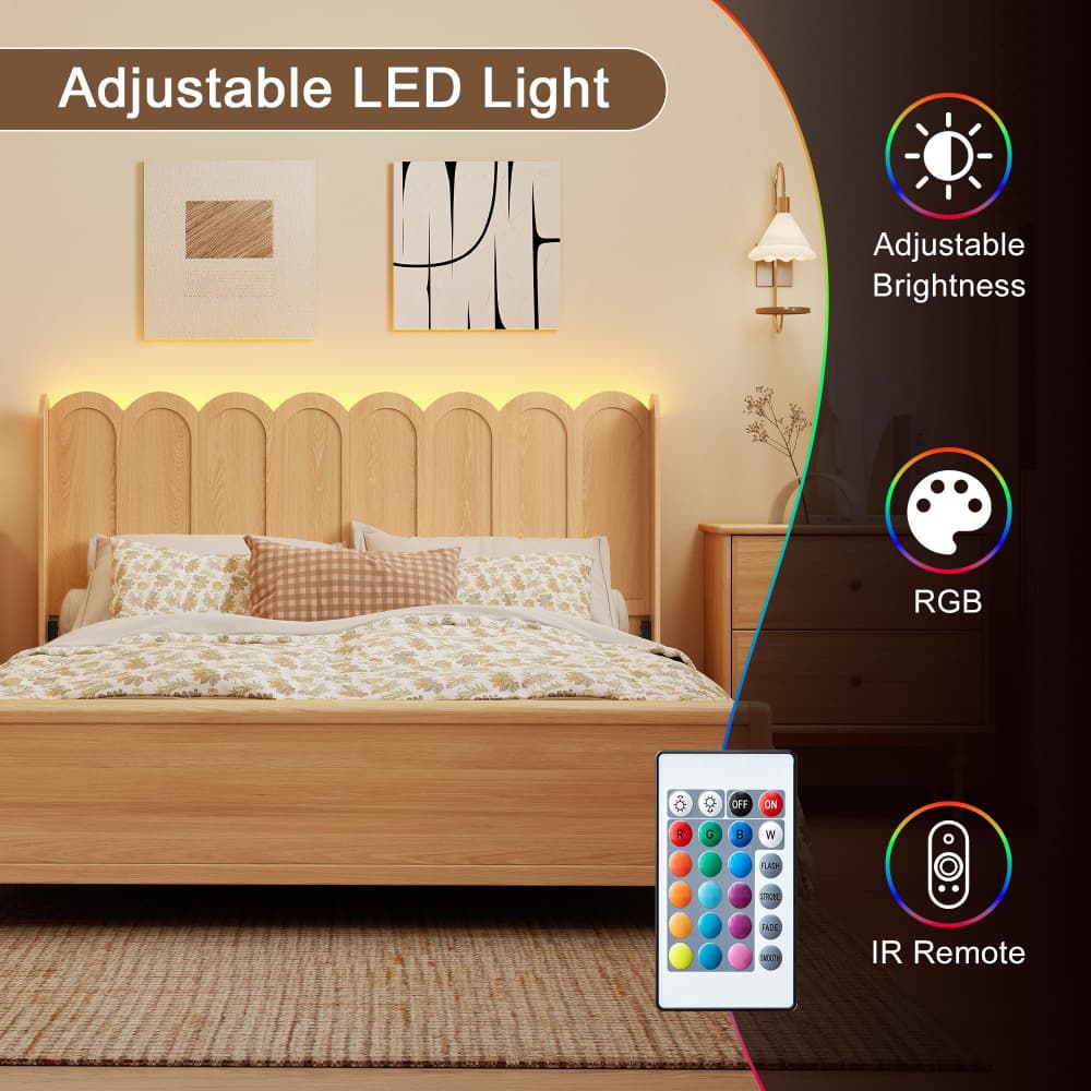 A wooden bed in a bedroom with warm LED backlighting along the headboard, plus callout graphics reading Adjustable LED Light, Adjustable Brightness, RGB, and IR Remote, with a remote control shown at the bottom.