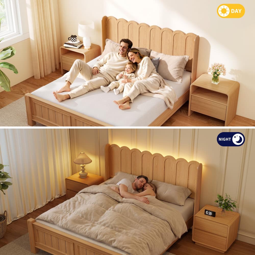 A wooden bed frame shown in a styled bedroom with a family lying on the bed in the daytime top half, and the same bed with a person sleeping underneath a beige duvet in the nighttime bottom half. The image highlights the bed's light wood finish, scalloped headboard, and warm ambient lighting from the headboard.