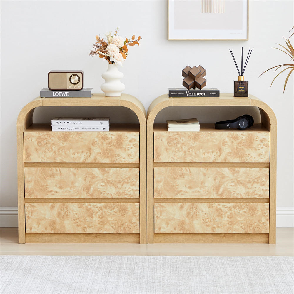 Natural Modern Burl Wood 3 Drawer Dresser with Open Shelf