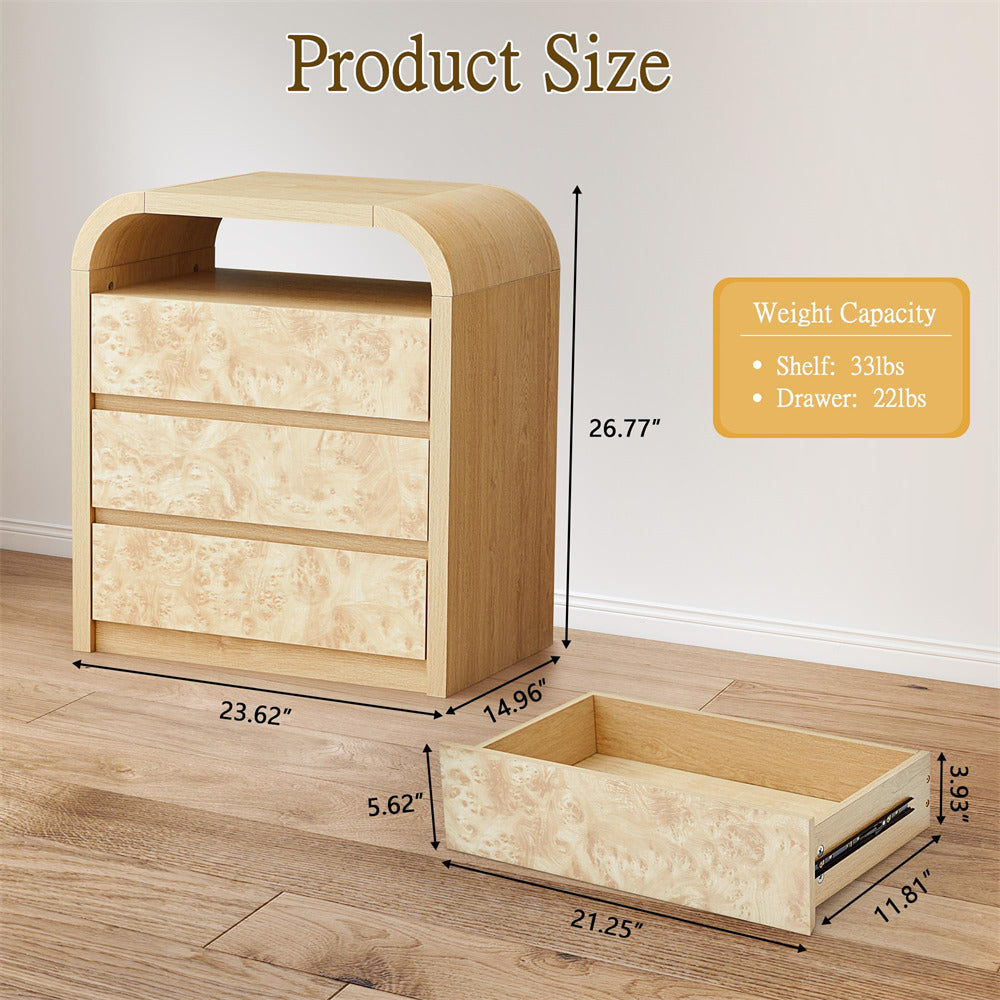 Natural Modern Burl Wood 3 Drawer Dresser with Open Shelf