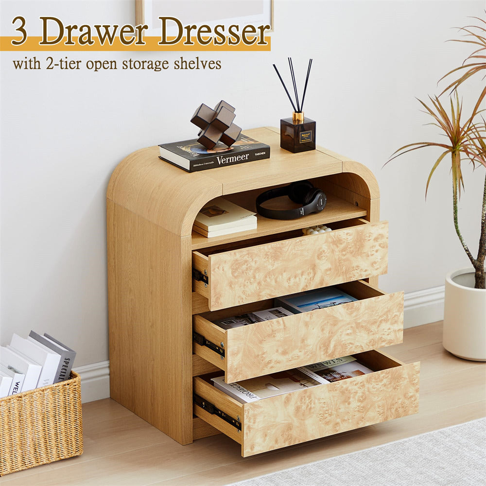 Natural Modern Burl Wood 3 Drawer Dresser with Open Shelf