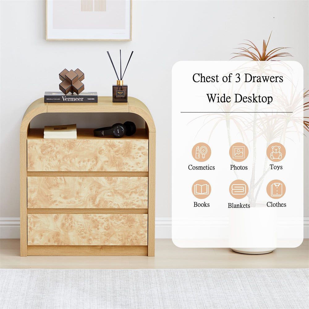 Natural Modern Burl Wood 3 Drawer Dresser with Open Shelf