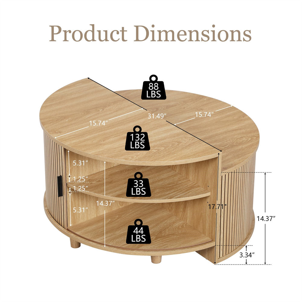 Wooden round table with measurements and weight labels on a white background