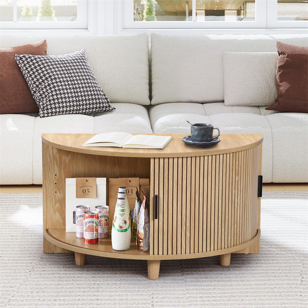 Wooden coffee table with storage compartments in a living room setting