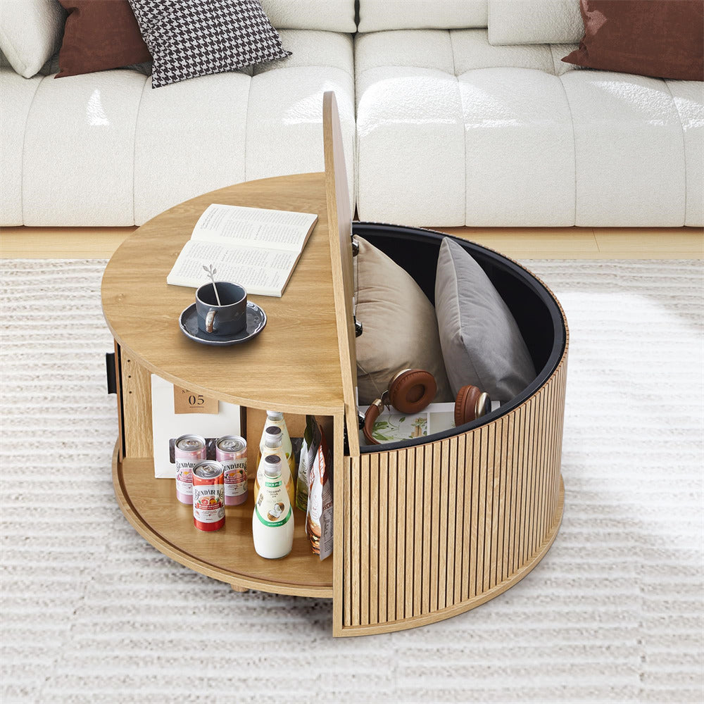 Round wooden side table with storage compartment in a living room setting.