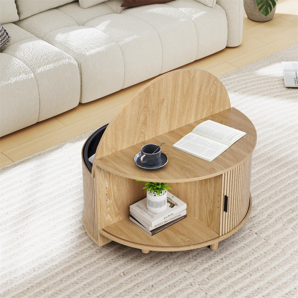 Wooden coffee table with books, cup, and plant in a living room setting