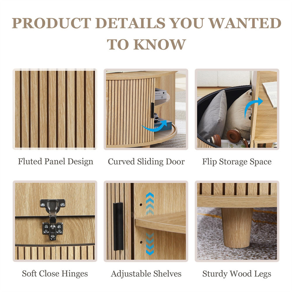 Product details of a wooden cabinet with fluted panel design, curved sliding door, flip storage space, soft close hinges, adjustable shelves, and sturdy wood legs.