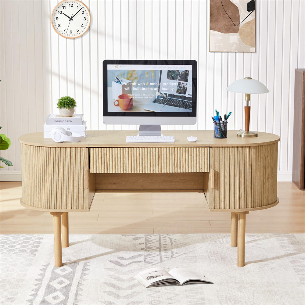 Natural Modern Fluted Wood Home Office Oval Desk with Sliding Tambour Door and Drawer