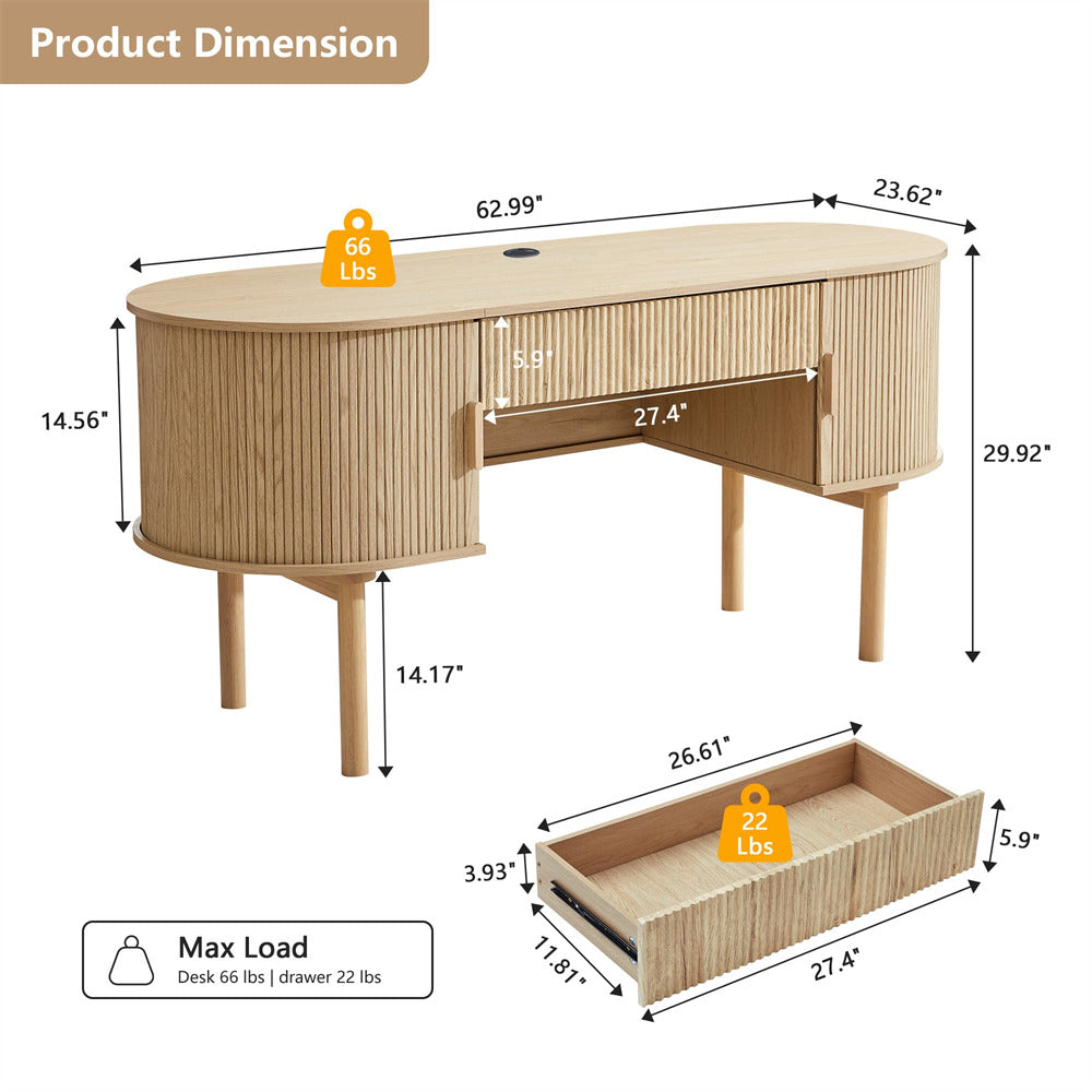 Wooden desk with dimensions and weight information on a white background