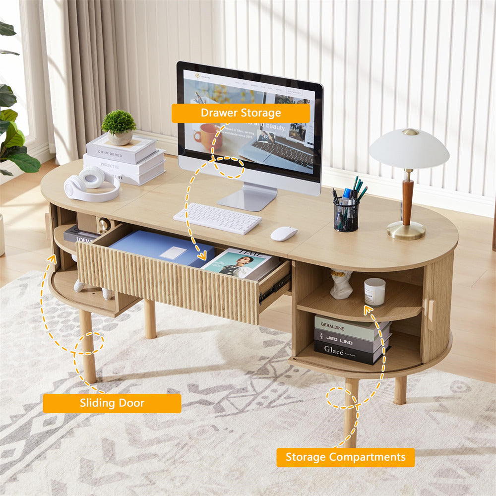 Wooden desk with computer setup, storage compartments, and sliding door in a room setting.