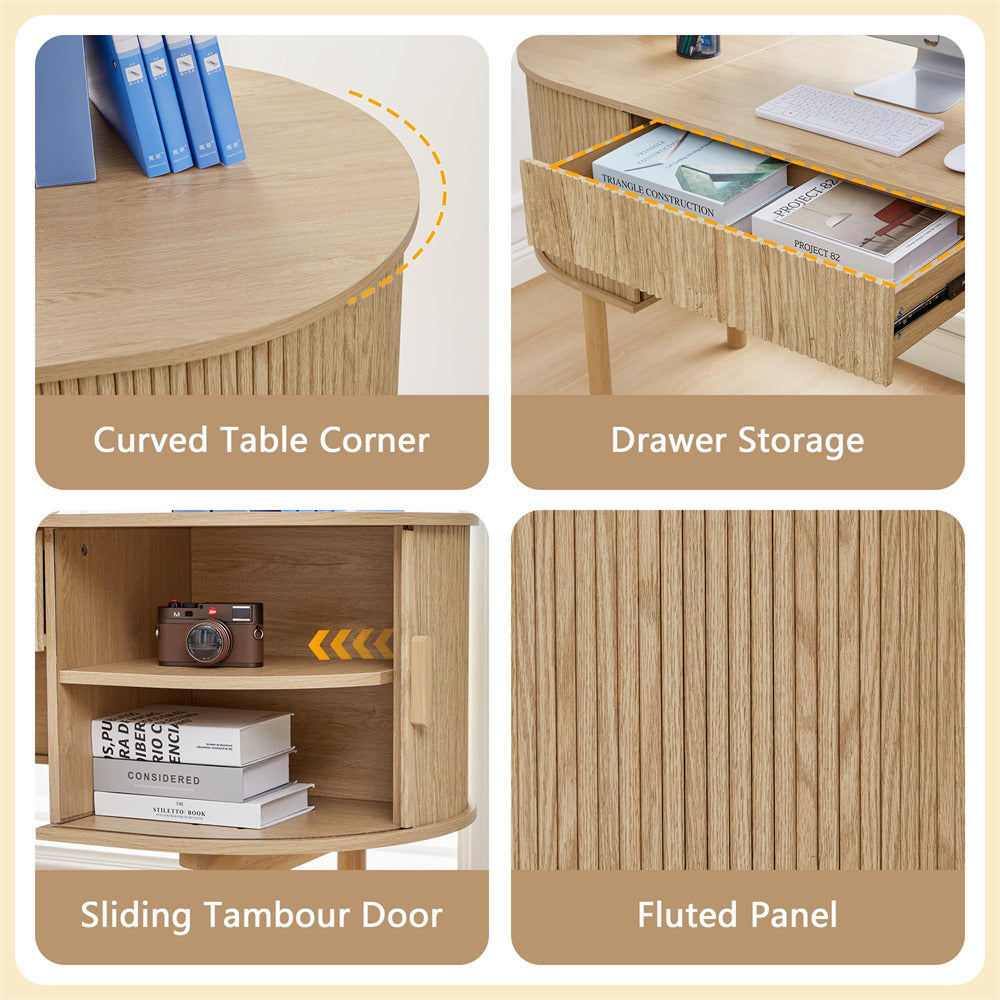 Wooden furniture with curved table corner, drawer storage, sliding tambour door, and fluted panel.