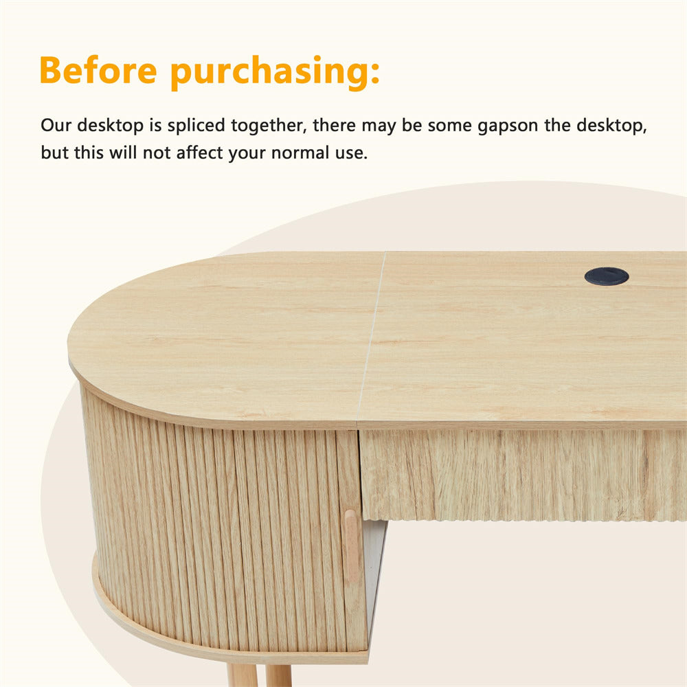 Wooden desk with a visible seam, labeled 'Before purchasing' on a white background.