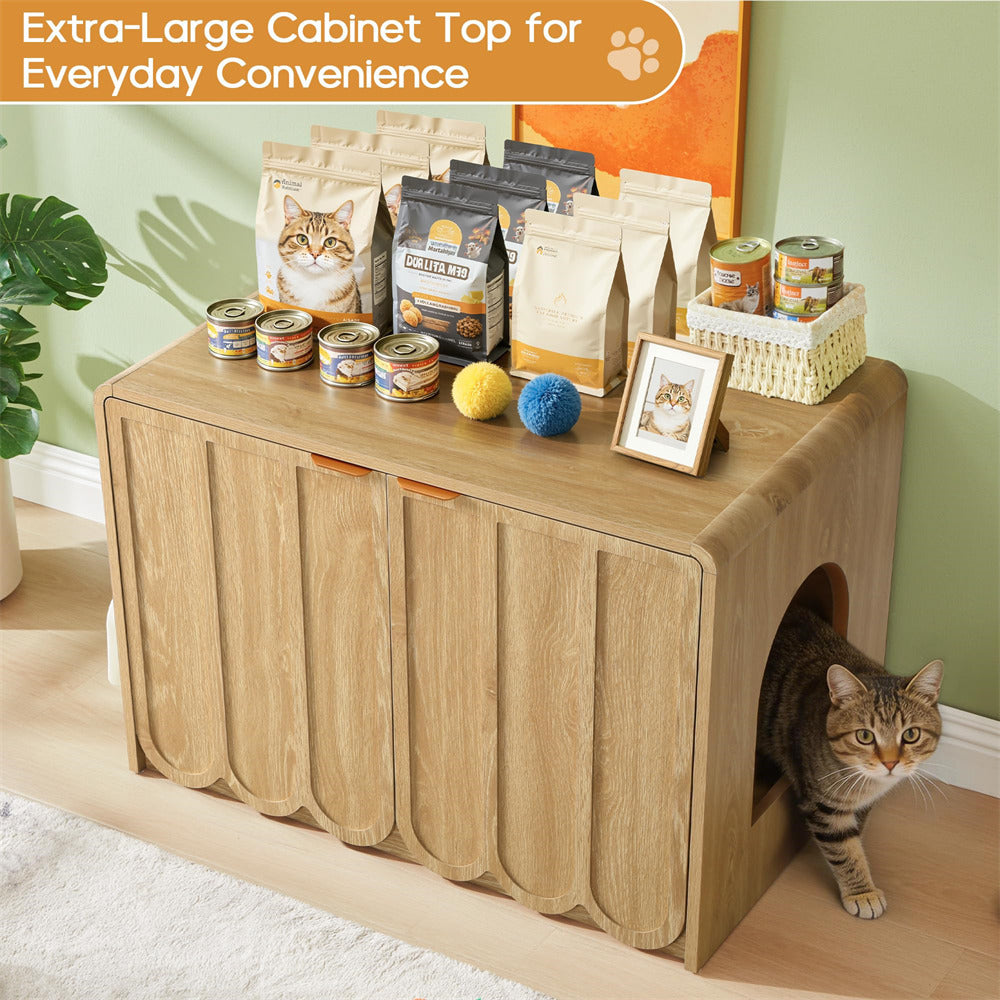 Natural Modern Hidden Cat Litter Box Cabinet Cat House with Scalloped Doors and Gold Handle