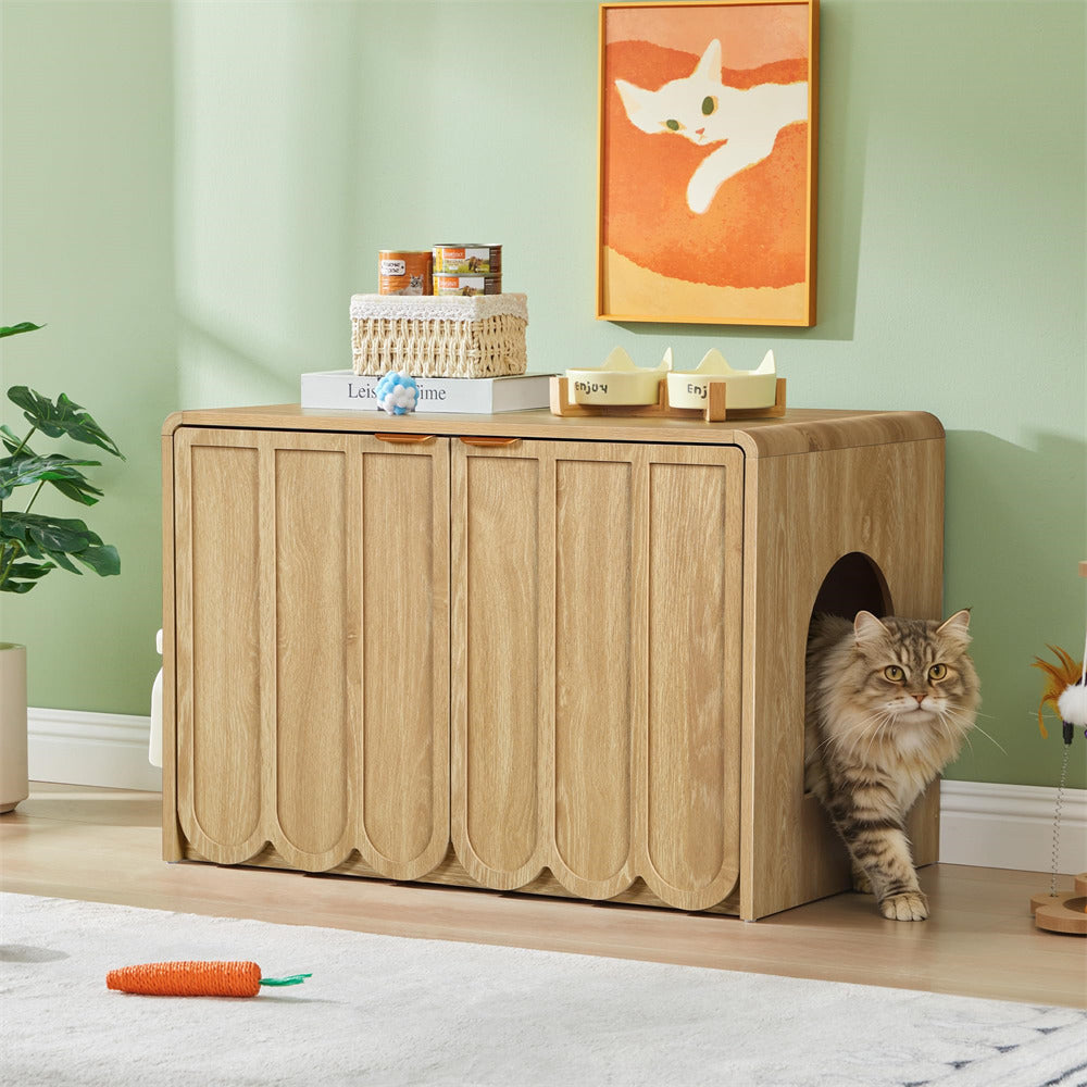 Natural Modern Hidden Cat Litter Box Cabinet Cat House with Scalloped Doors and Gold Handle