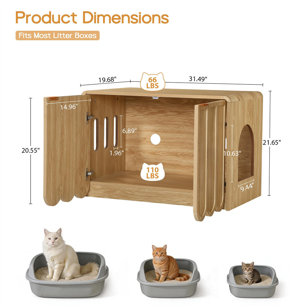 Wooden pet house with dimensions and weight capacity, shown with cats inside gray litter boxes.