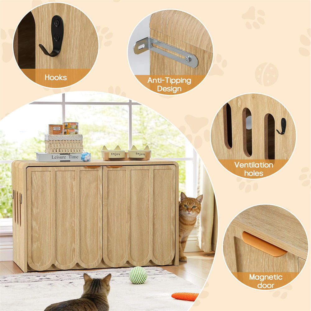 Natural Modern Hidden Cat Litter Box Cabinet Cat House with Scalloped Doors and Gold Handle
