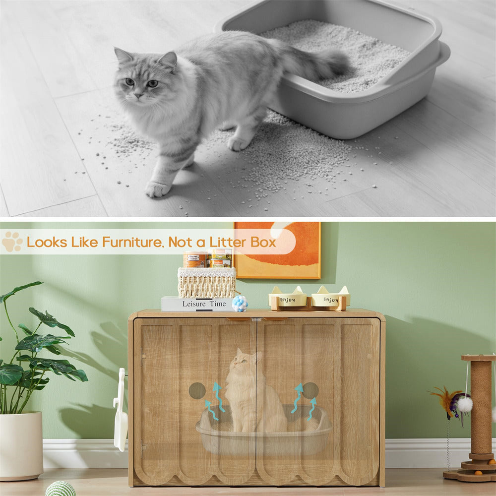 Cat using a litter box with a decorative wooden cabinet in the background.